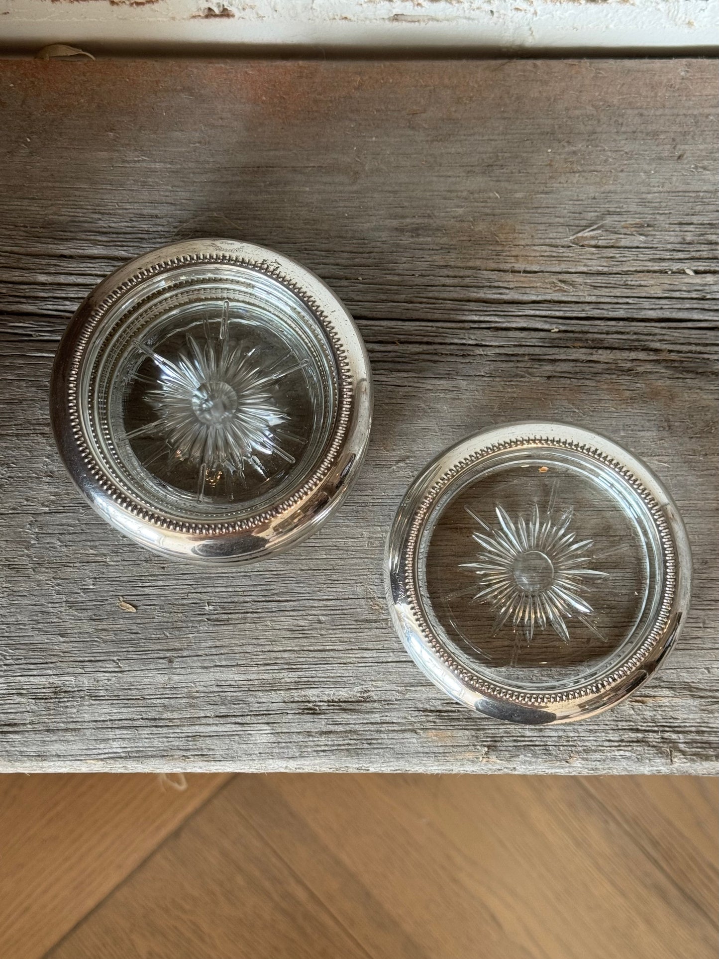 Antique Glass Coasters with Metal Rims