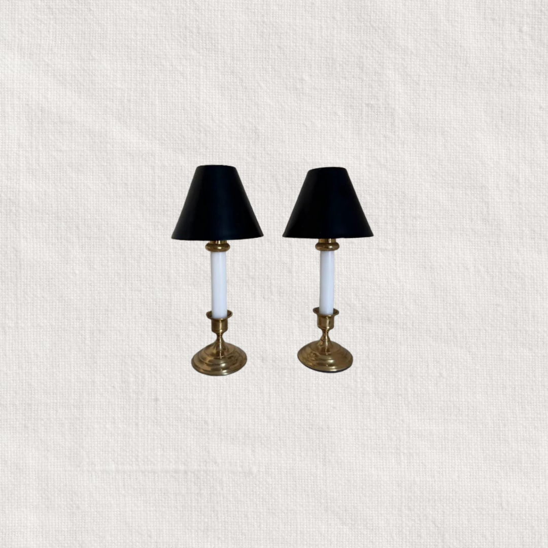 Brass Candle Holders with Base, Taper Holder + Shades, Set of 2