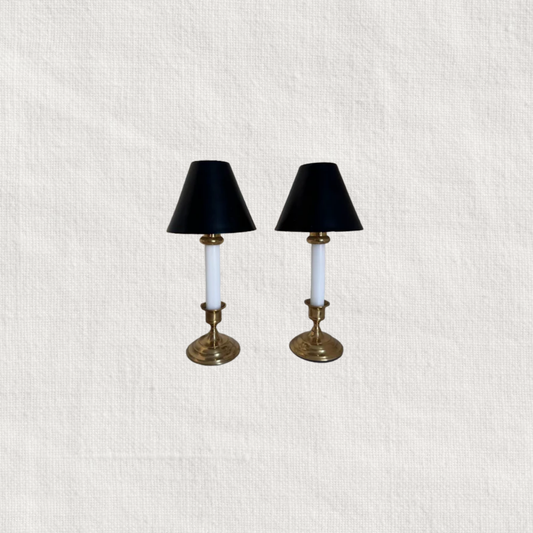 Brass Candle Holders with Base, Taper Holder + Shades, Set of 2