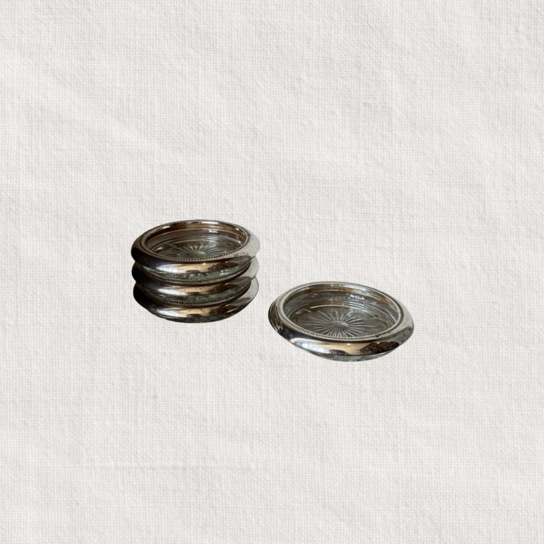 Antique Glass Coasters with Metal Rims