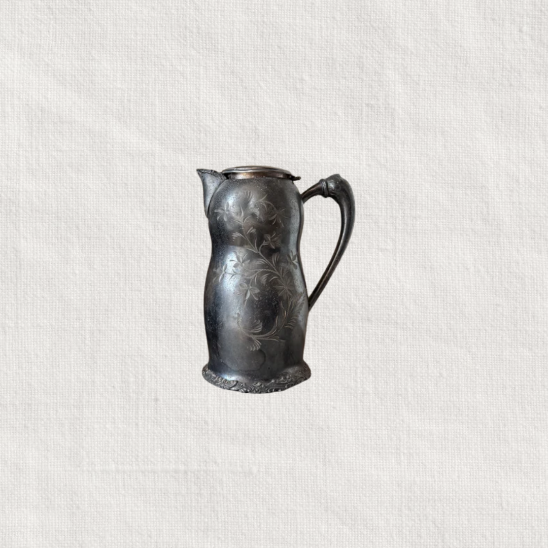 Vintage Pewter Pitcher with Flower Design
