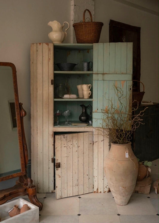 White Chippy Primitive Corner Cabinet
