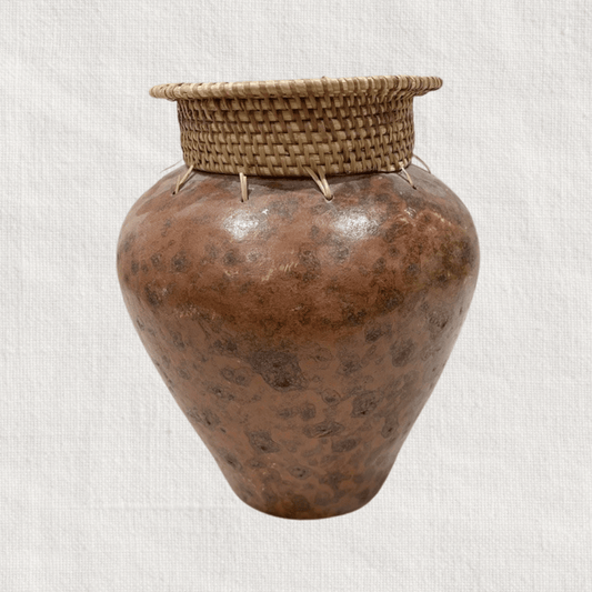 Red Brown Woven Top Rattan Vase