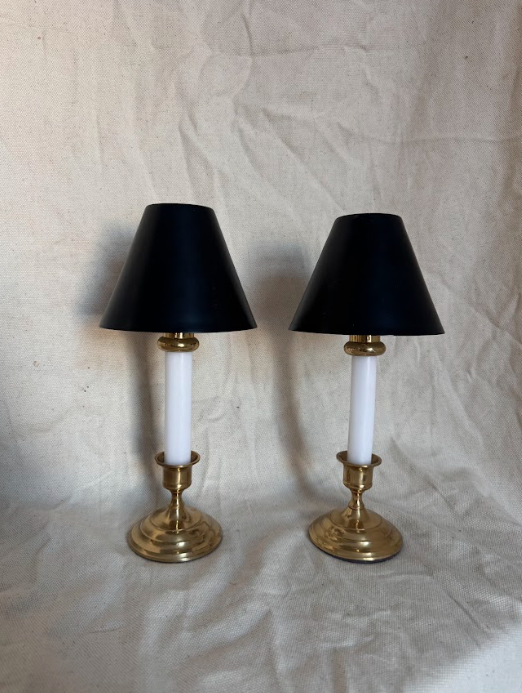 Brass Candle Holders with Base, Taper Holder + Shades, Set of 2